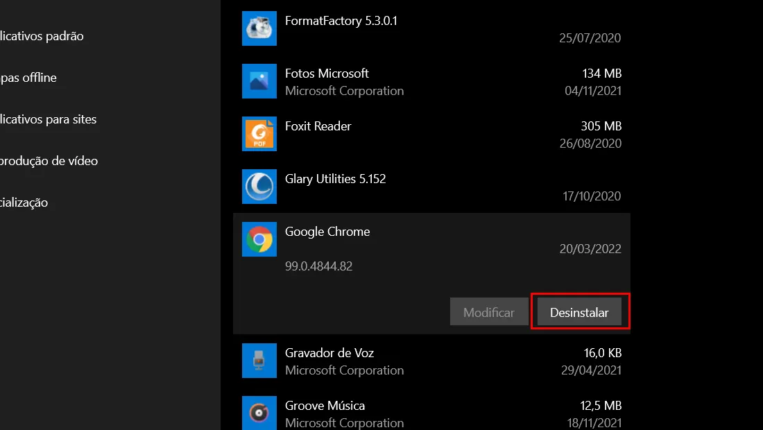 Depois vá em Desinstalar para realizar o processo