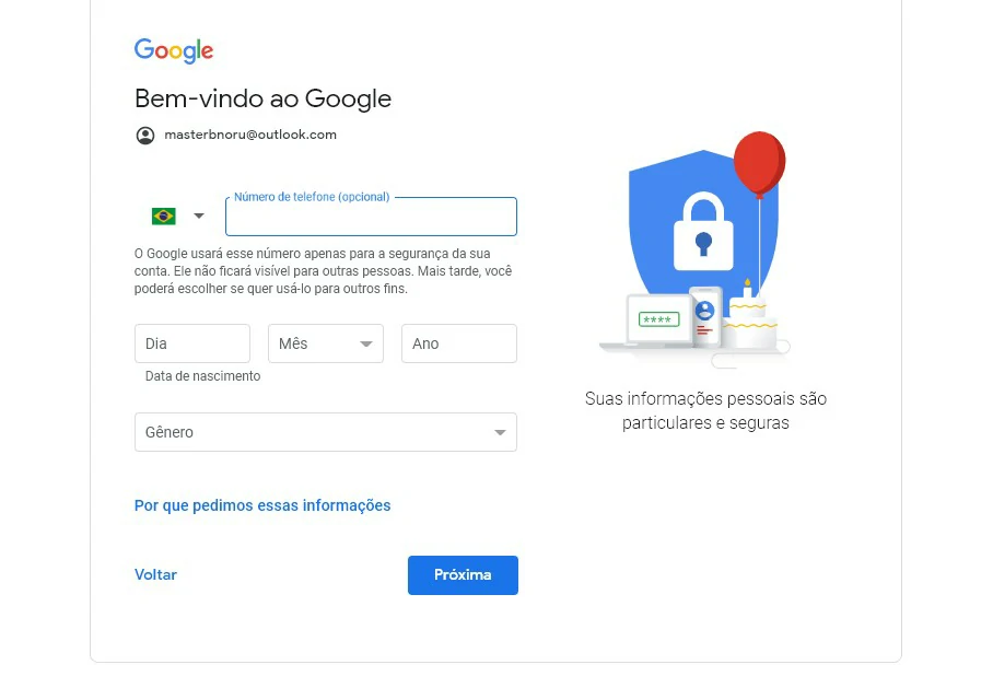 Digite mais informações pessoais para prosseguir com a criação da conta Google - Como criar um canal no YouTube