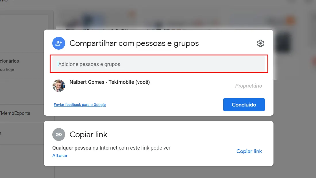 Digite o nome ou e-mail do usuário que você deseja compartilhar