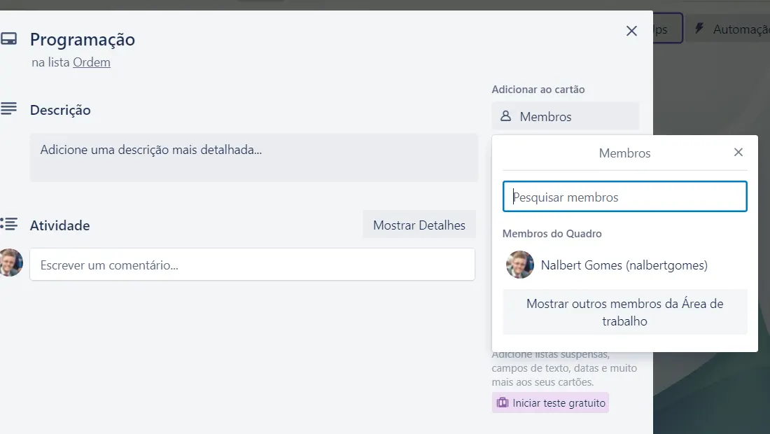 Digite os nomes e convide os membros ao quadro