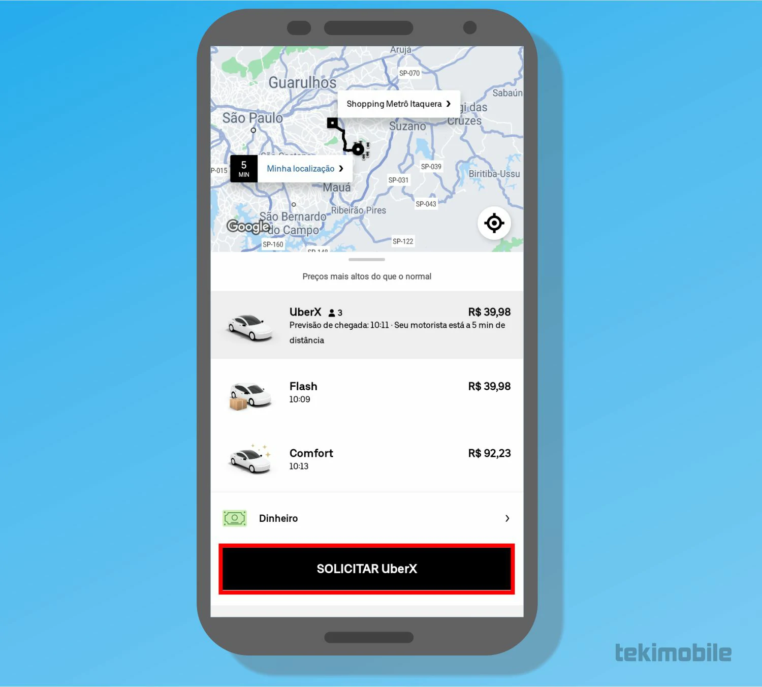 E finalmente, toque sobre o botão Solicitar UberX para confirmar sua corrida - Como chamar um Uber