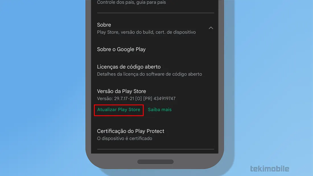 Em Sobre vá em Atualizar Play Store