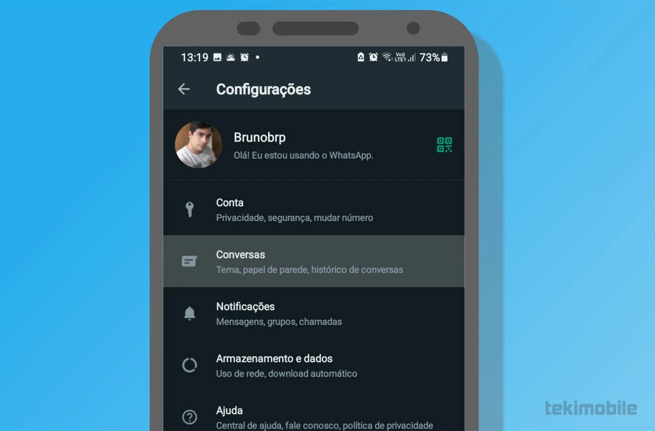 Em configurações do aplicativo, selecione a opção de Conversas abaixo de Conta, como pode ser obeservado na imagem acima - Como deixar o Whatsapp igual do iPhone no Android