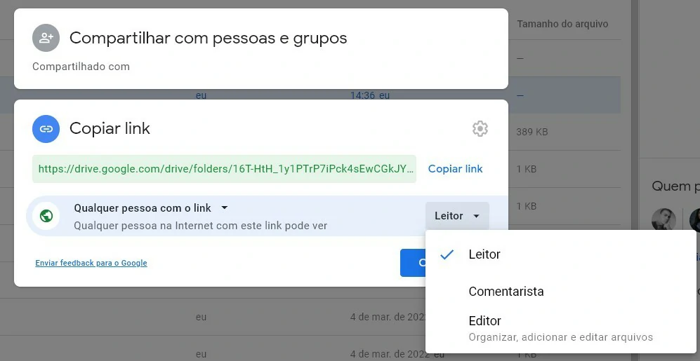 Escolha Copiar link e edite como eles podem ter acesso ao arquivo compartilhado por link - Como compartilhar arquivos no Google Drive