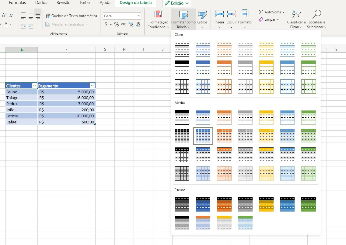 Escolha o formato de tabela desejado - Como fazer tabela no excel