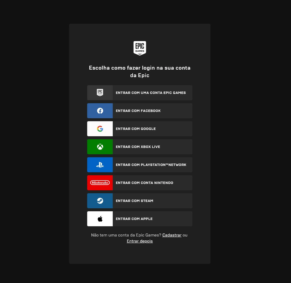 Escolha uma forma para conectar a plataforma - Como baixar Epic Games