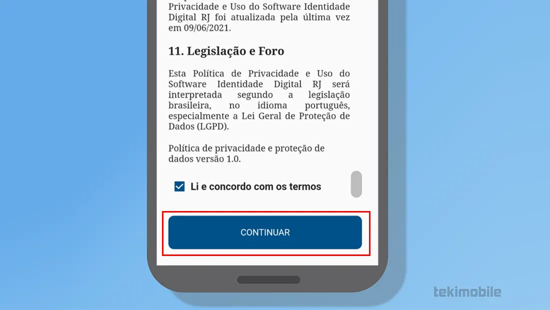 Leia os termos e toque em Continuar
