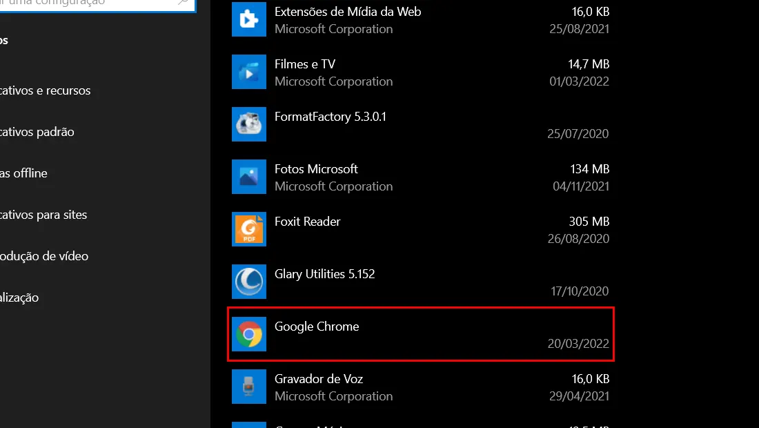 Na lista procure o aplicativo do Google Chrome