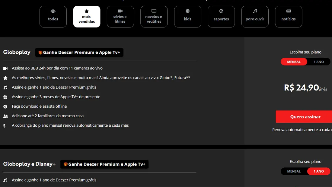 Na sua televisão escolha um dos planos que desejar
