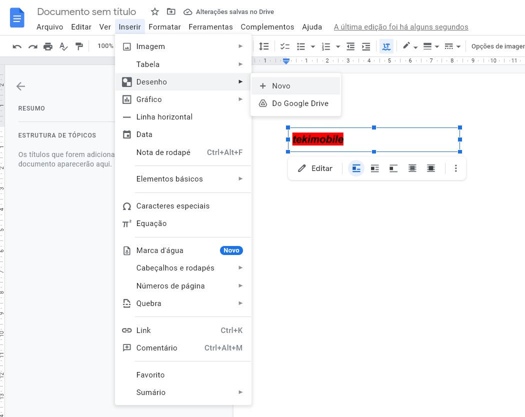 Navegue até a opção da caixa de texto do Google Docs em Inserir - como inserir caixa de texto no google docs