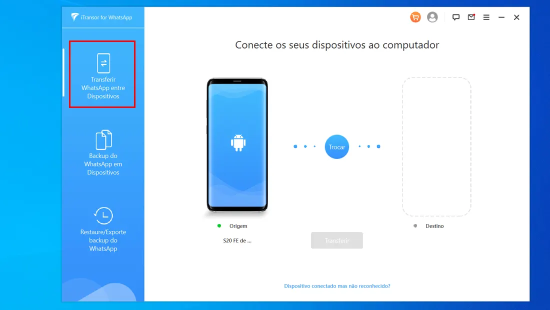 No iTransor for WhatsApp clique em Transferir WhatsApp entre dispositivos