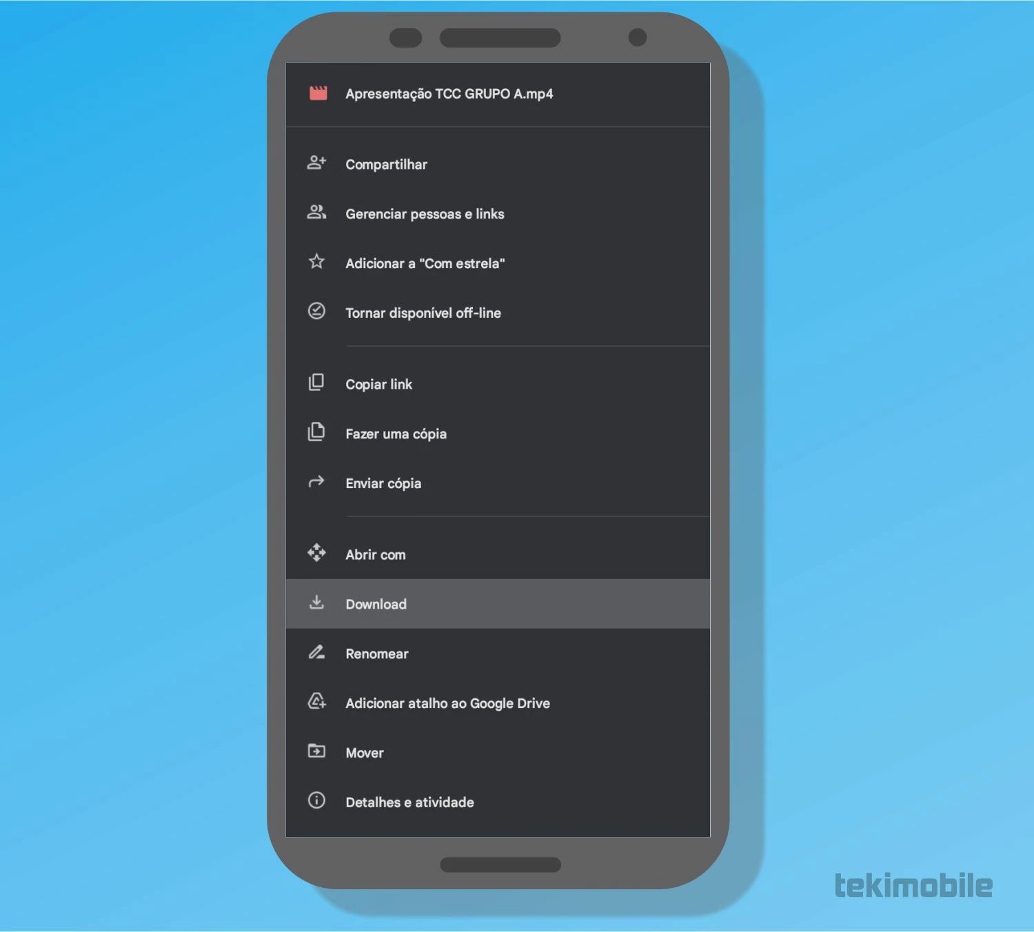No menu, selecione a opção de Download para finalmente baixar o arquivo de vídeo em seu dispositivo móvel - Como baixar vídeo do Google Drive