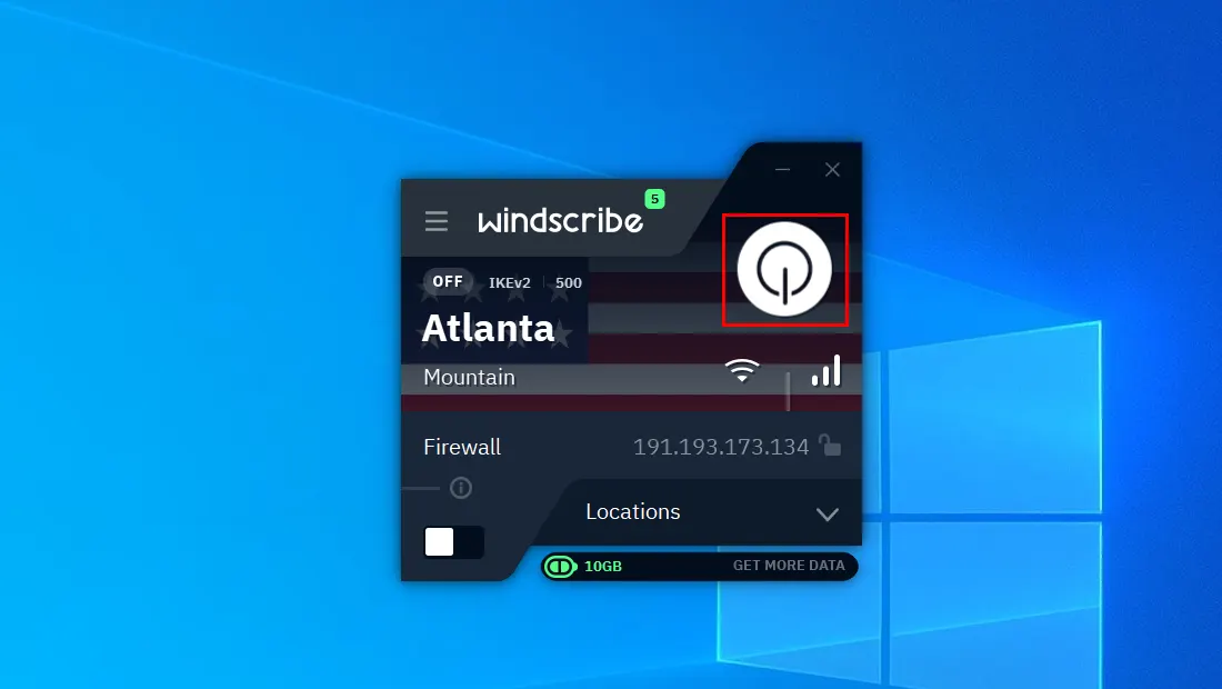 Para ligar e desligar a VPN toque no ícone