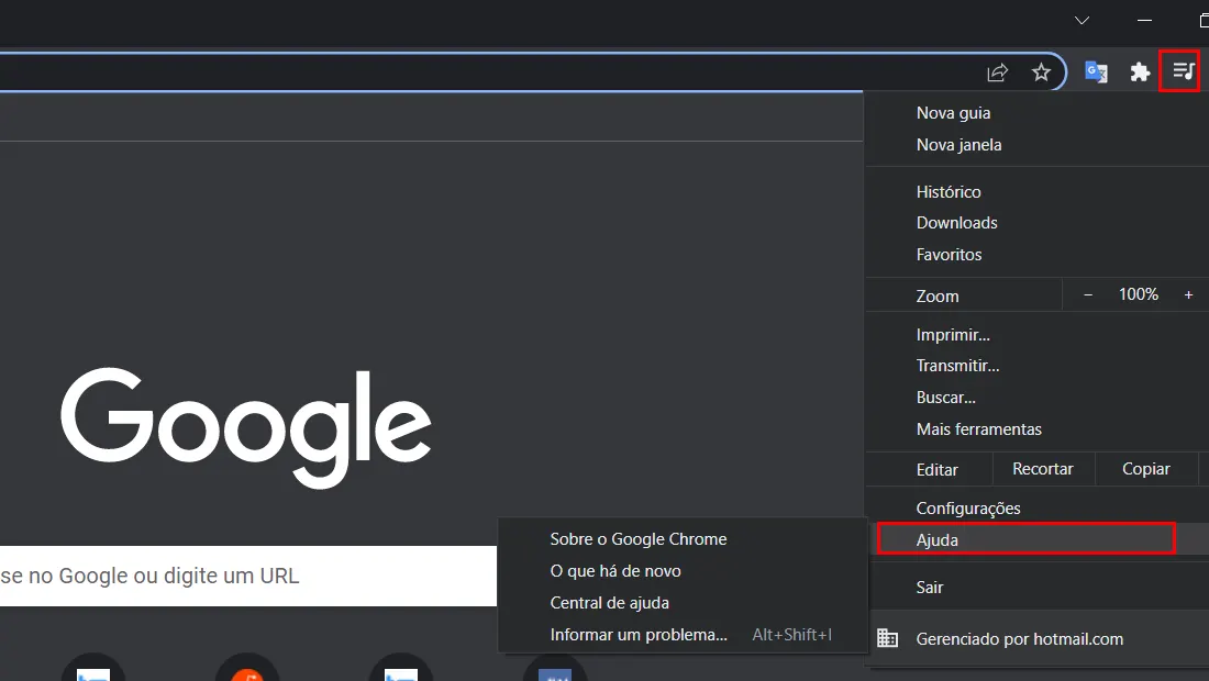 Passe o mouse sobre a aba ajuda