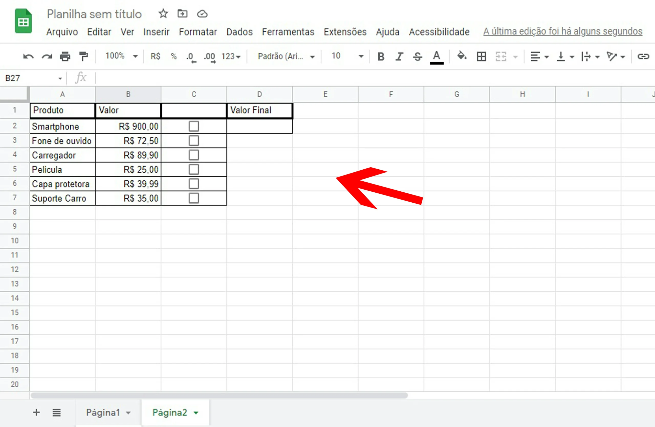 Planilha caixa de seleção 13