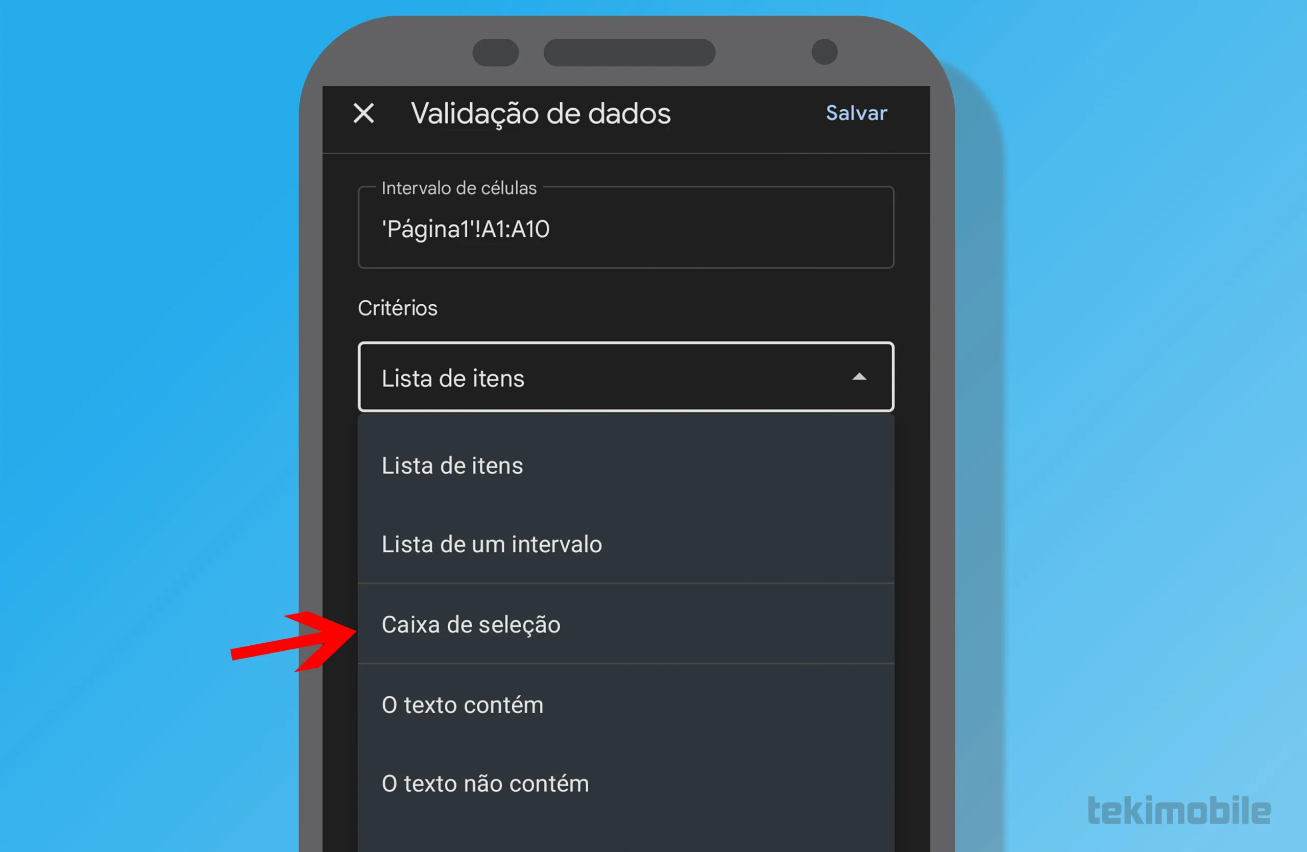 Planilha caixa de seleção Cel 03