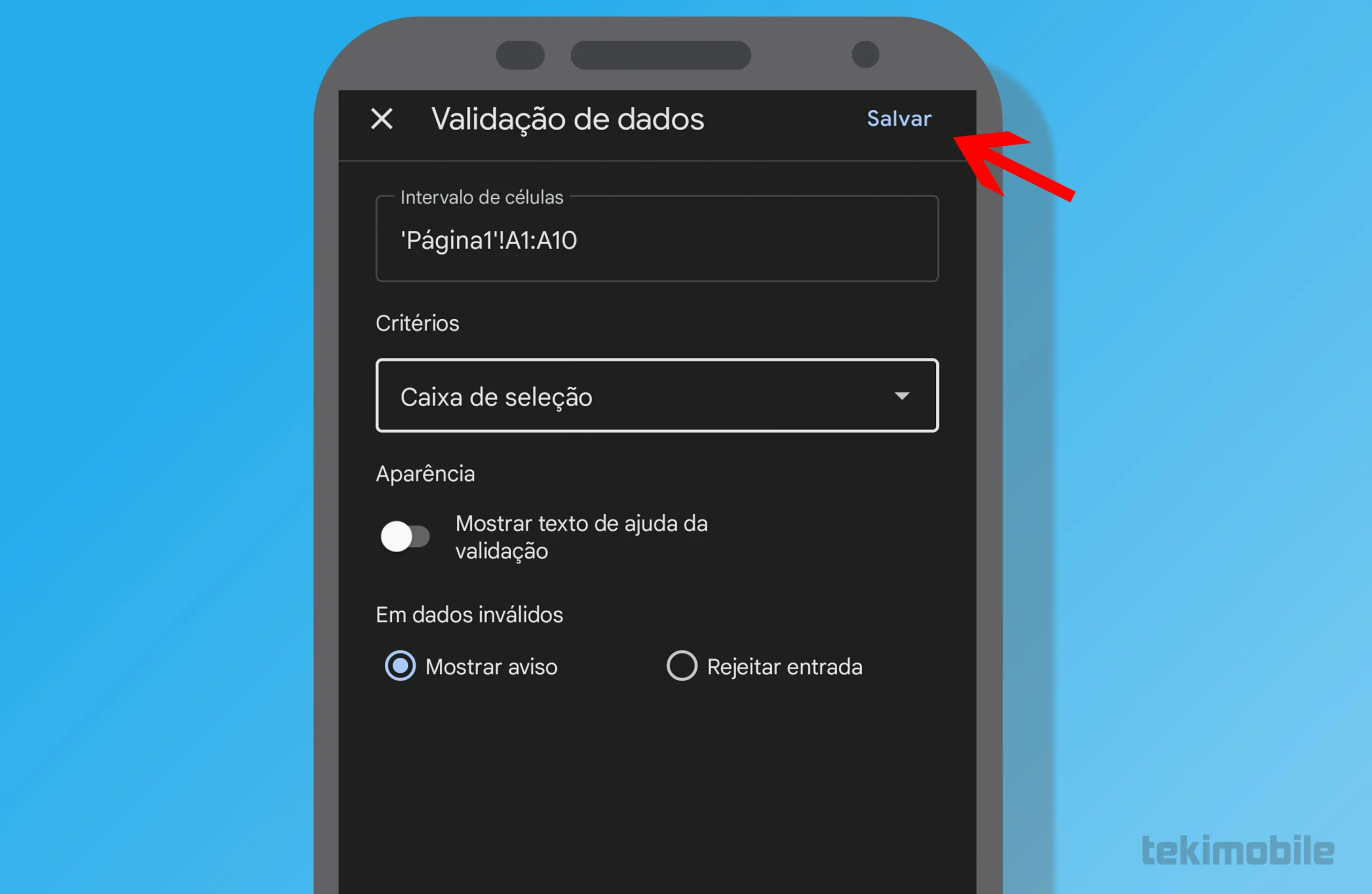 Planilha caixa de seleção Cel 04