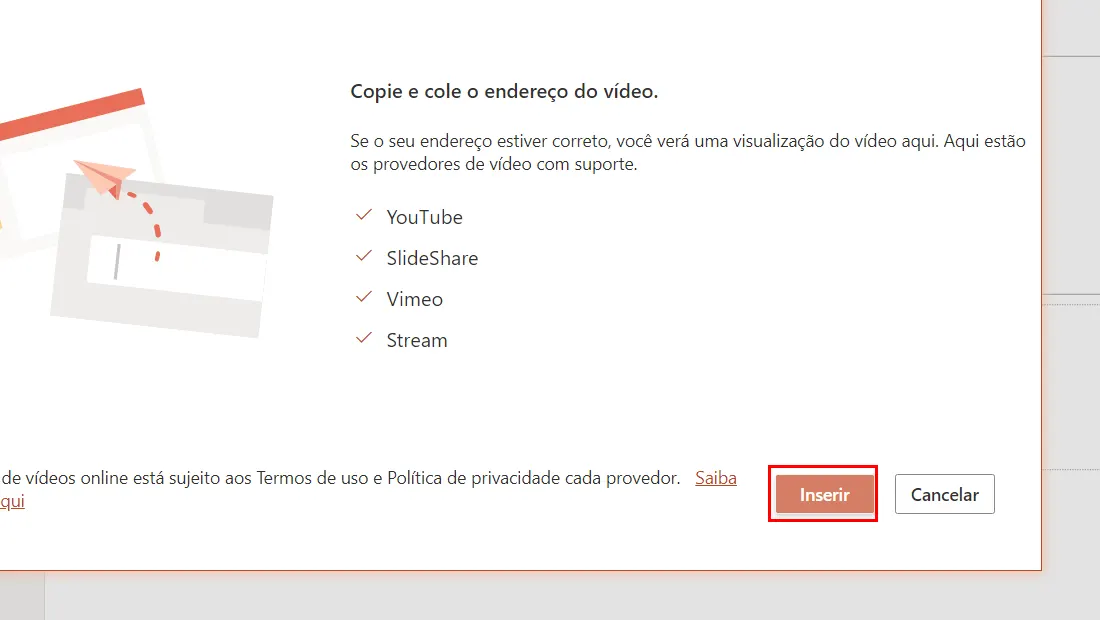 Por fim clique em Inserir para colocar o vídeo do Youtube no slide