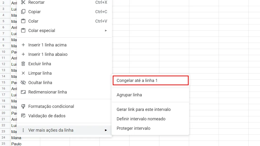 Por fim clique na opção de congelar para realizar o processo