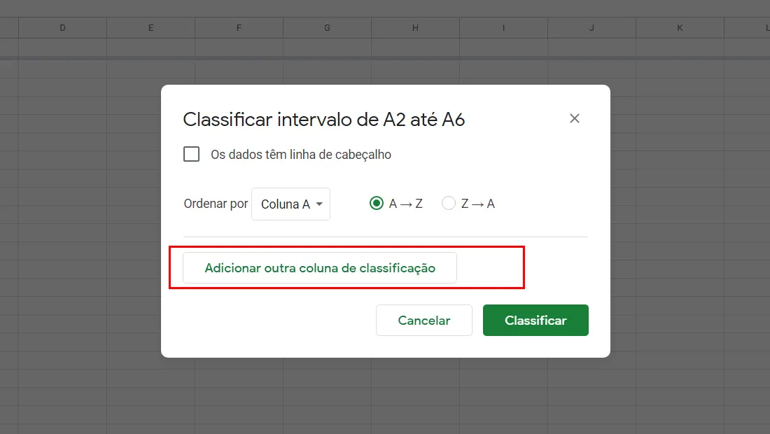 Se desejar colocar mais regras em mais colunas clique no botão da imagem