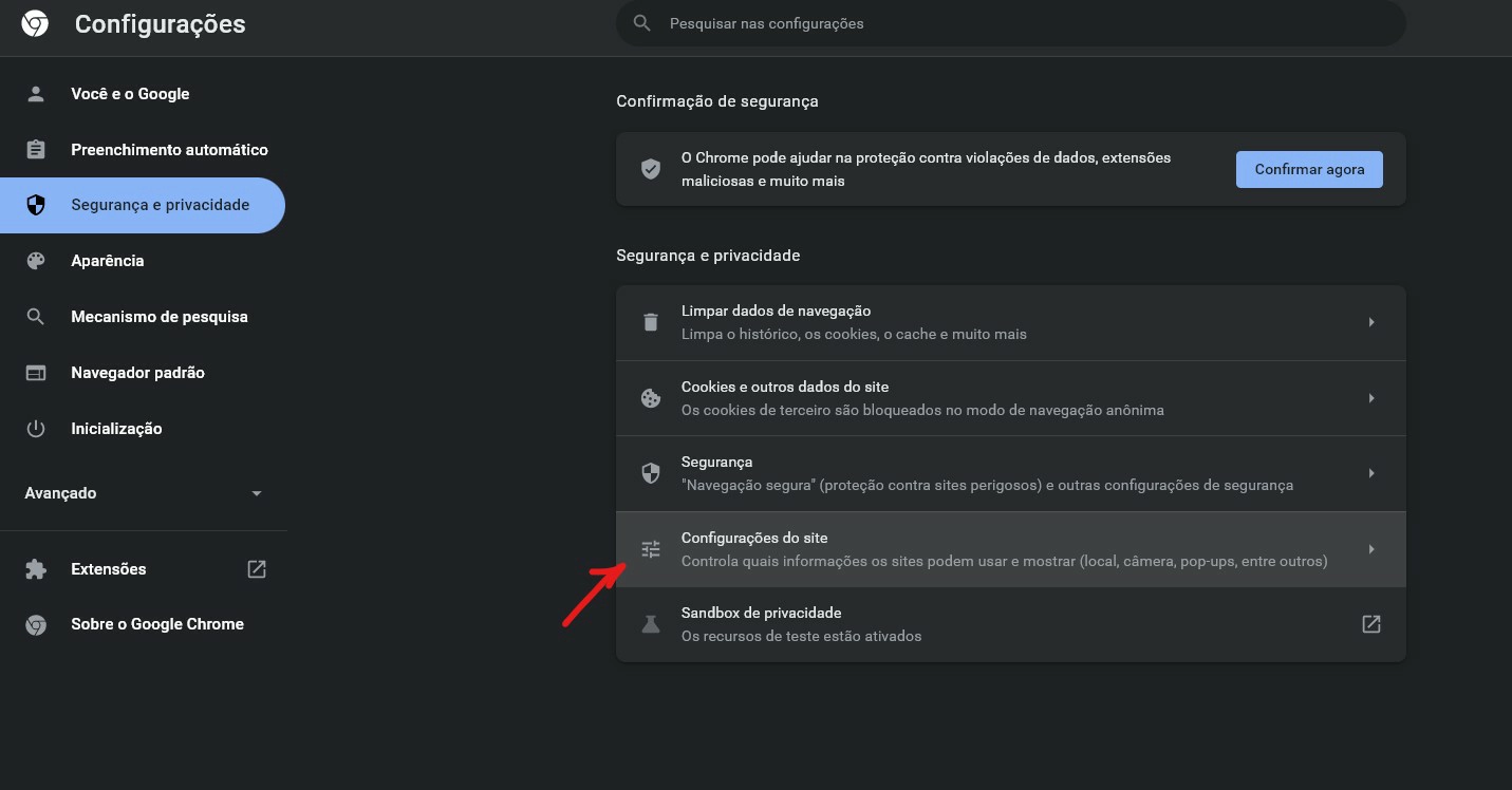 Selecione Configurações do site - Como bloquear notificações do Chrome