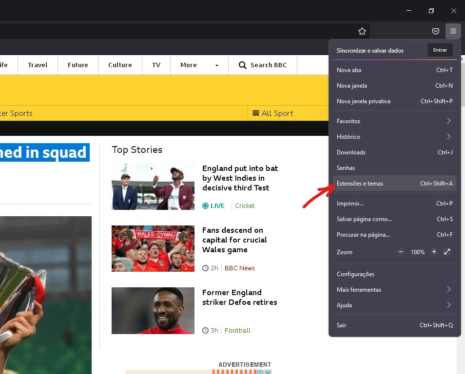 Selecione Extensões e temas - Como traduzir página no Firefox