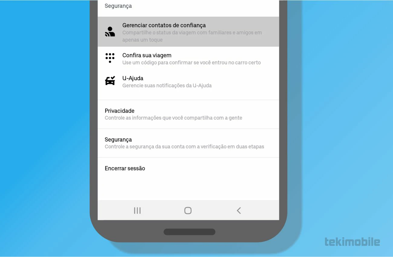 Selecione Gerenciar contatos de confiança - Como chamar um Uber