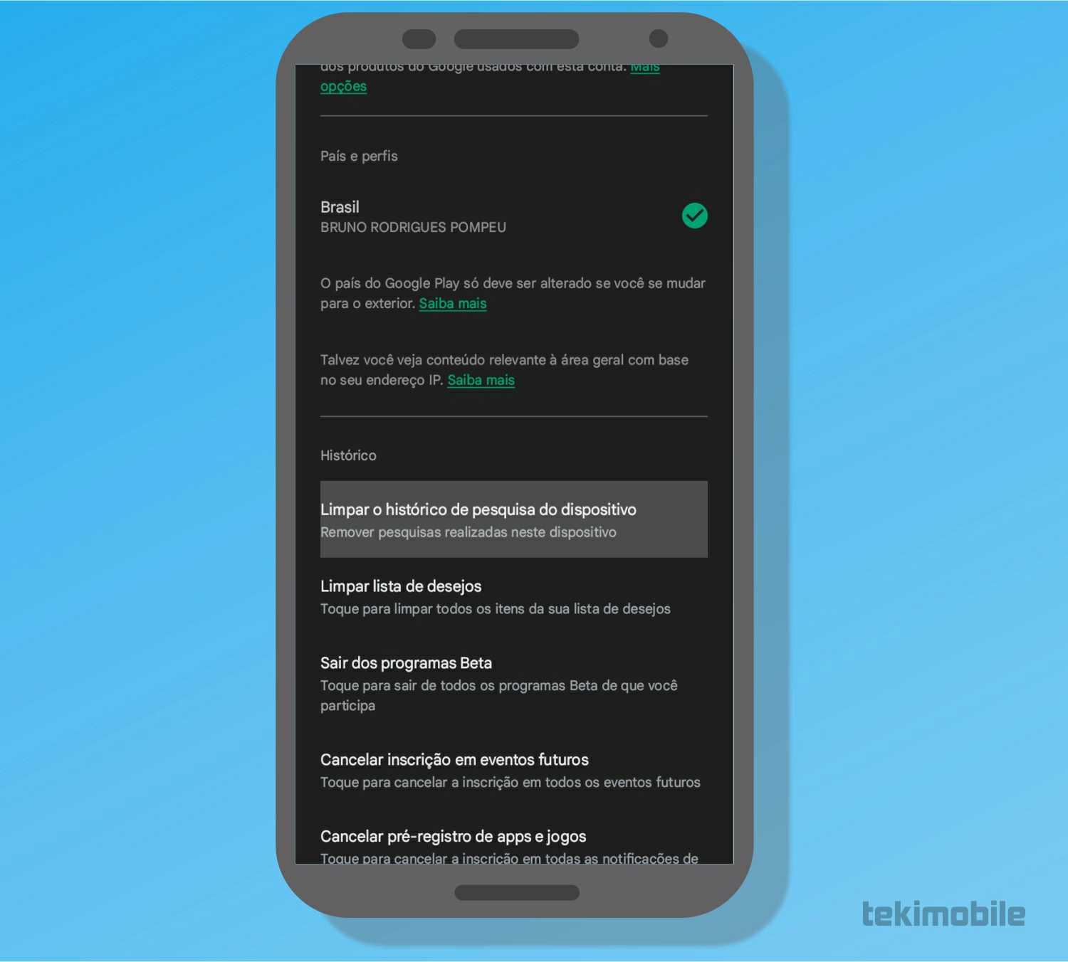 Selecione Limpar o histórico de pesquisa do dispositivo - Como apagar histórico do Google Play Store