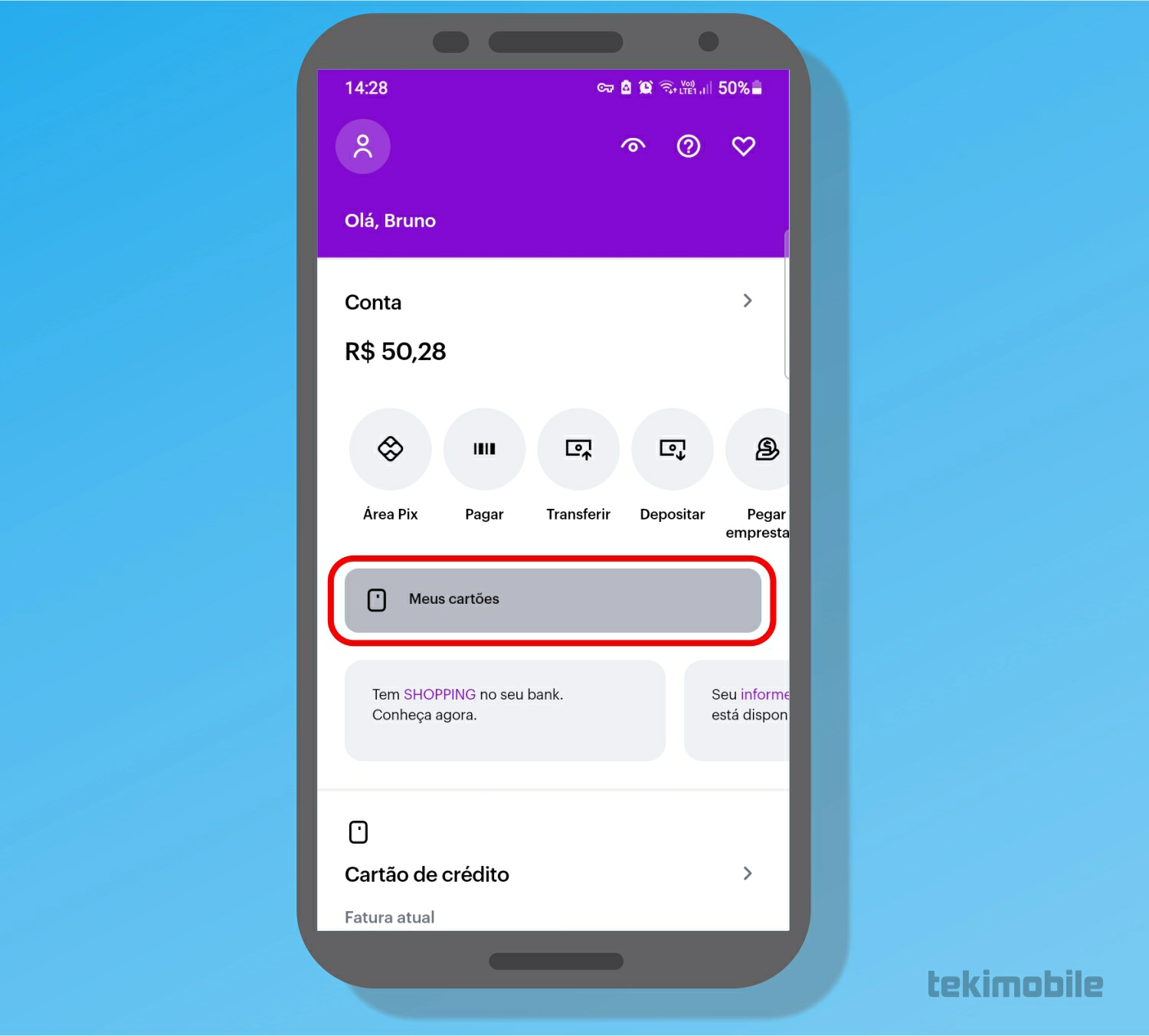 Selecione Meus cartões - Como bloquear o cartão Nubank em caso de roubo ou perda