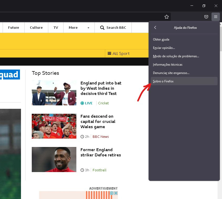 Selecione Sobre o Firefox - Como atualizar o Firefox