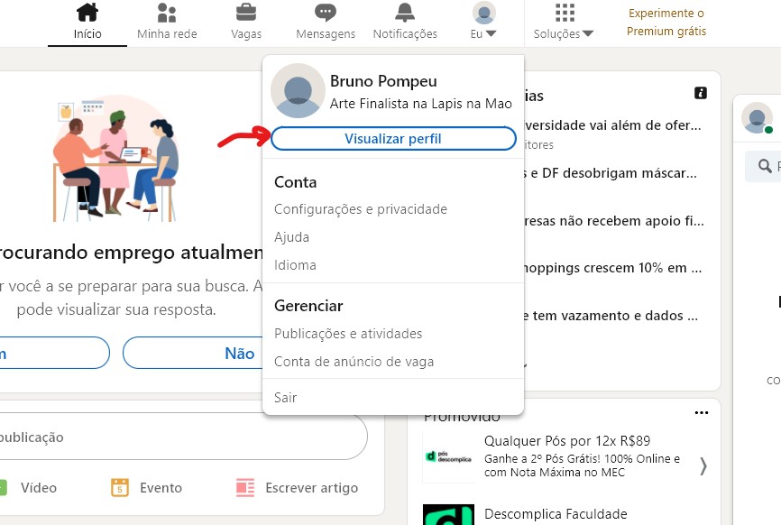 Selecione a opção Visualizar perfi - Como bloquear alguém no LinkedIn Selecione a opção Visualizar perfi - Como bloquear alguém no LinkedIn