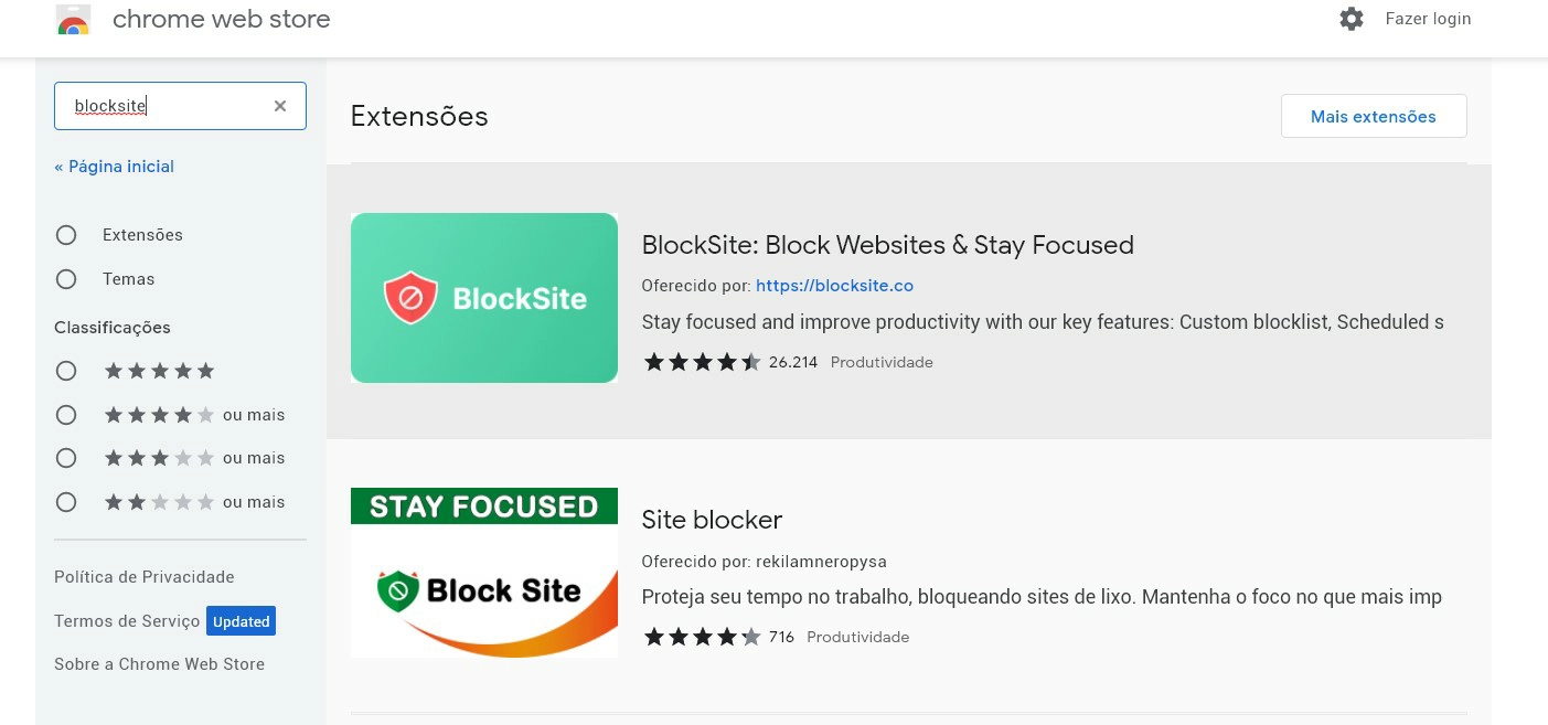 Selecione a extensão no resultado de busca - Como bloquear sites no Google Chrome