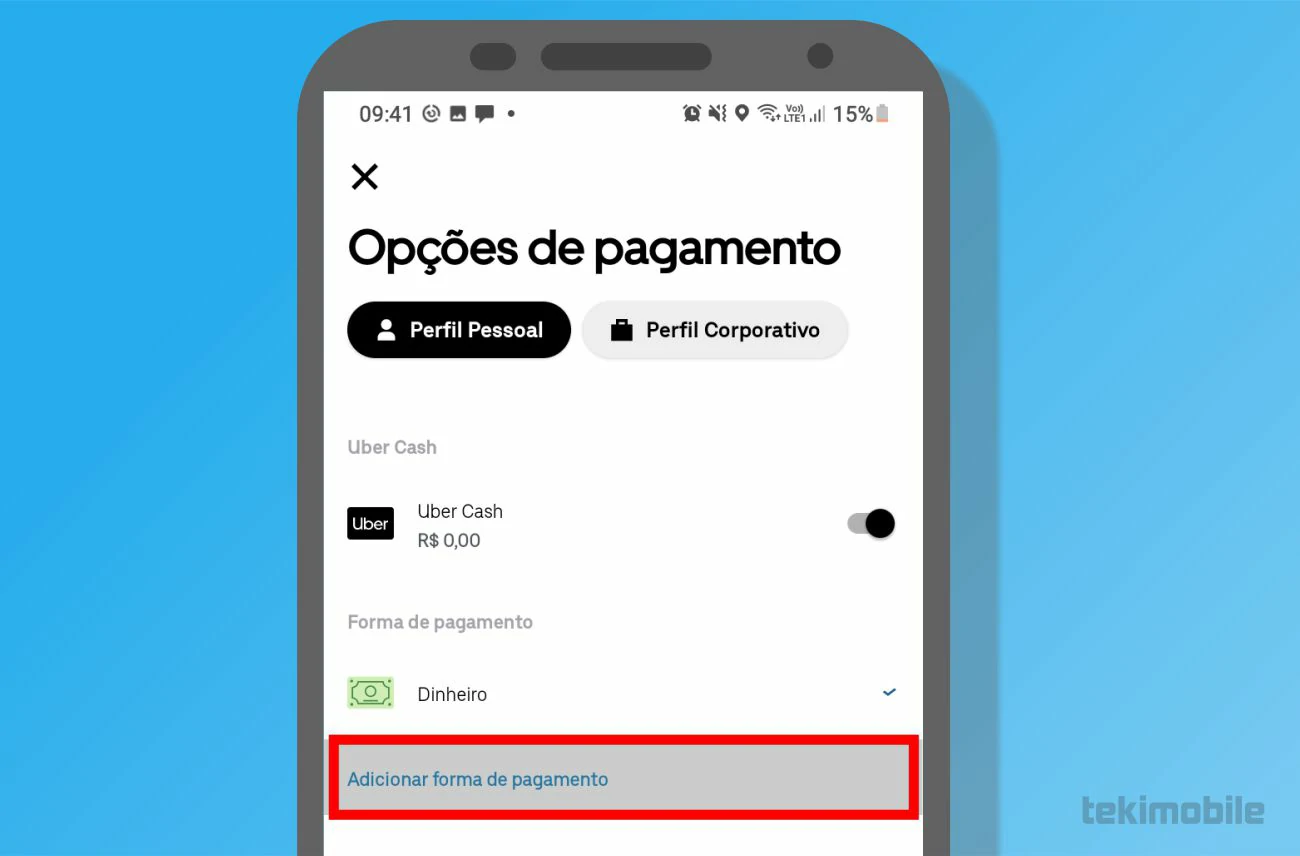 Selecione a opção Adicionar forma de pagamento para trocar sua opção para pagar a corrida - Como chamar um Uber