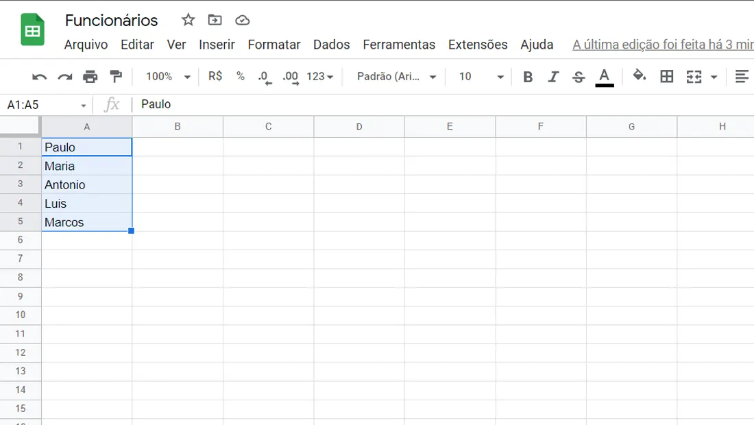 Selecione as células que você deseja organizar