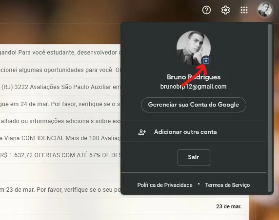 Selecione o ícone da câmera abaixo da sua foto de perfil - Como mudar a foto de perfil do Google
