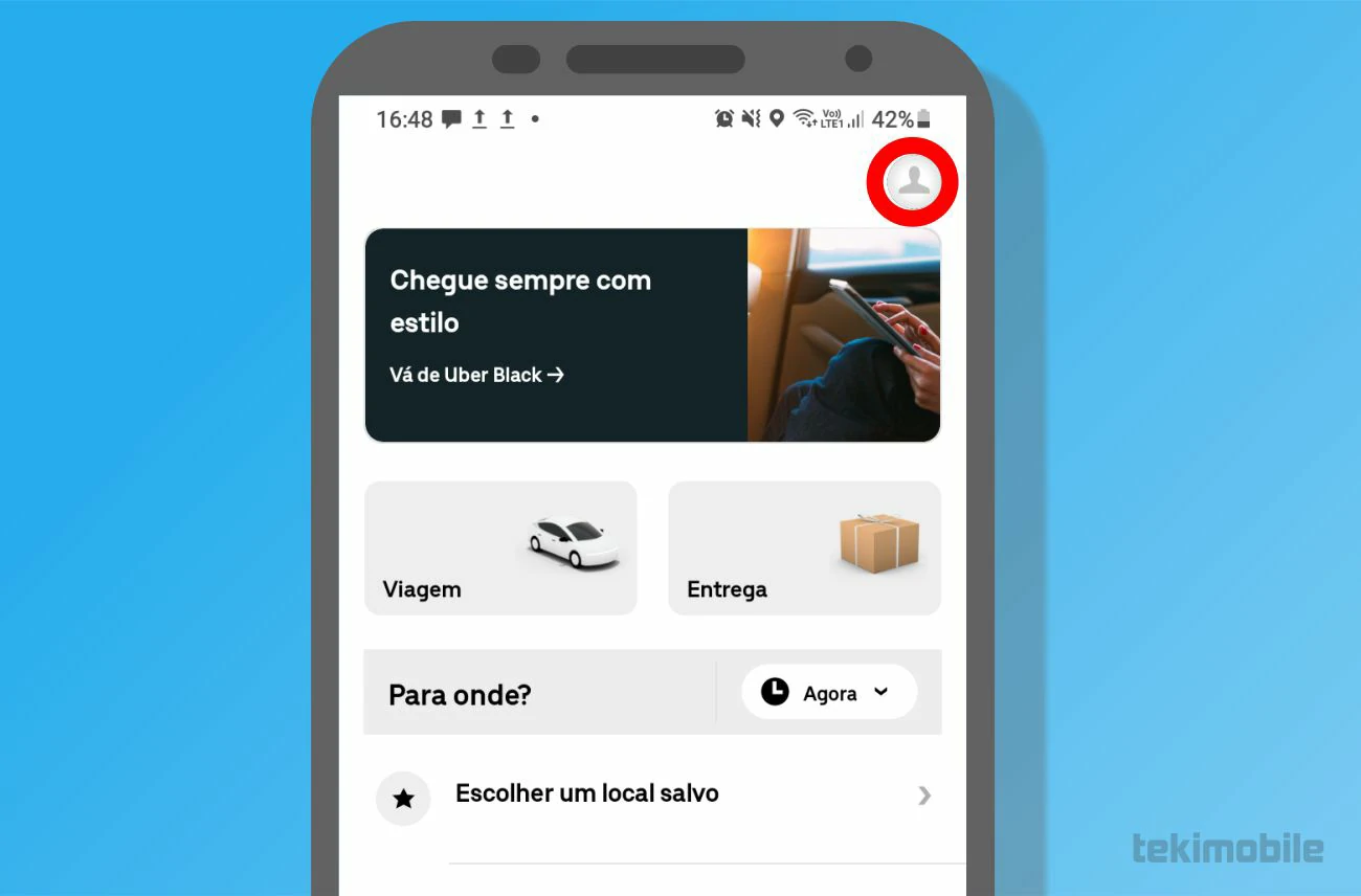 Selecione o seu perfil no canto superior a direita da tela - Como chamar um Uber passo a passo