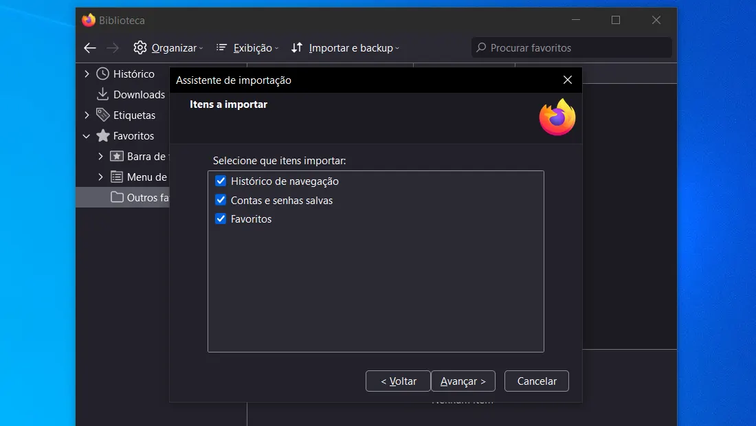 Selecione quais itens serão importados