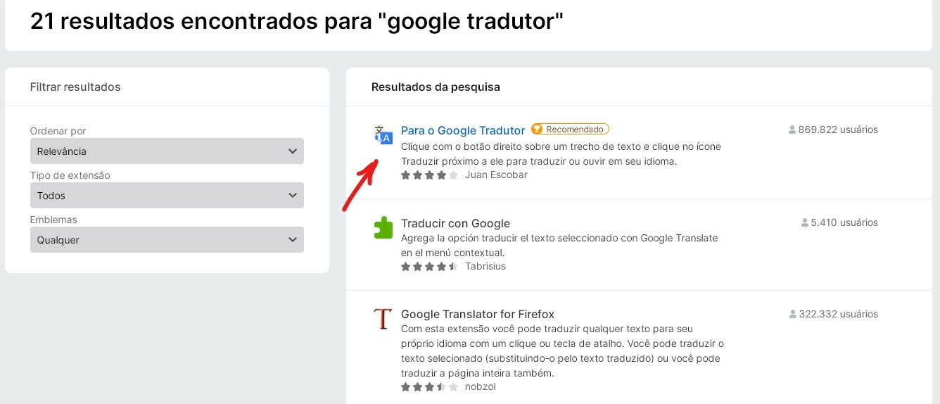 Selecione resultado da página - Como traduzir página no Firefox
