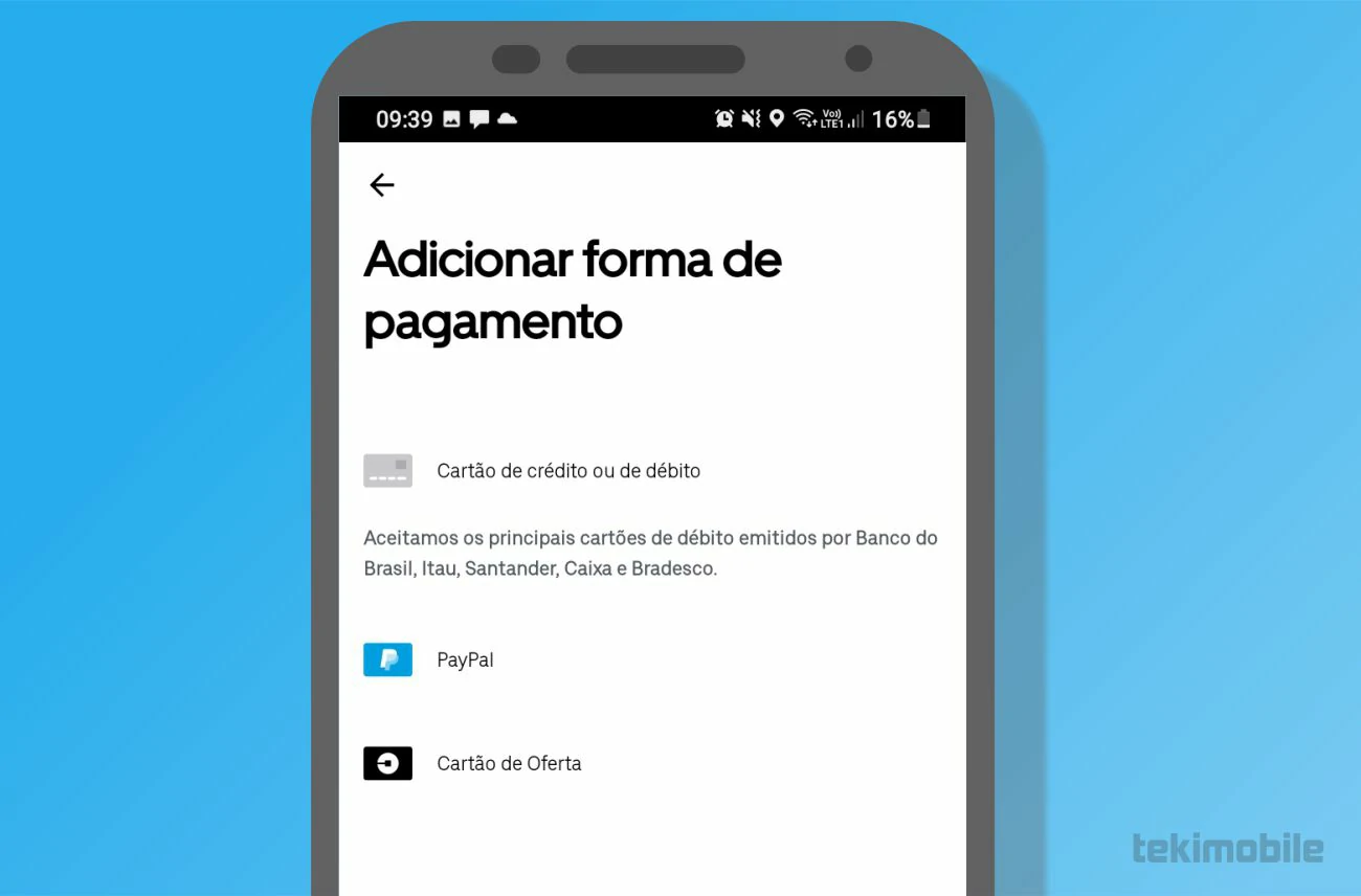 Selecione uma das formas de pagamento para a configurar no aplicativo Uber - Como chamar um Uber