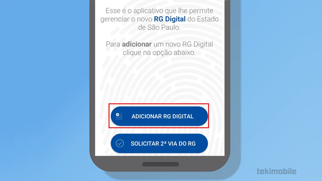 Toque em Adicionar RG Digital para continuar o processo