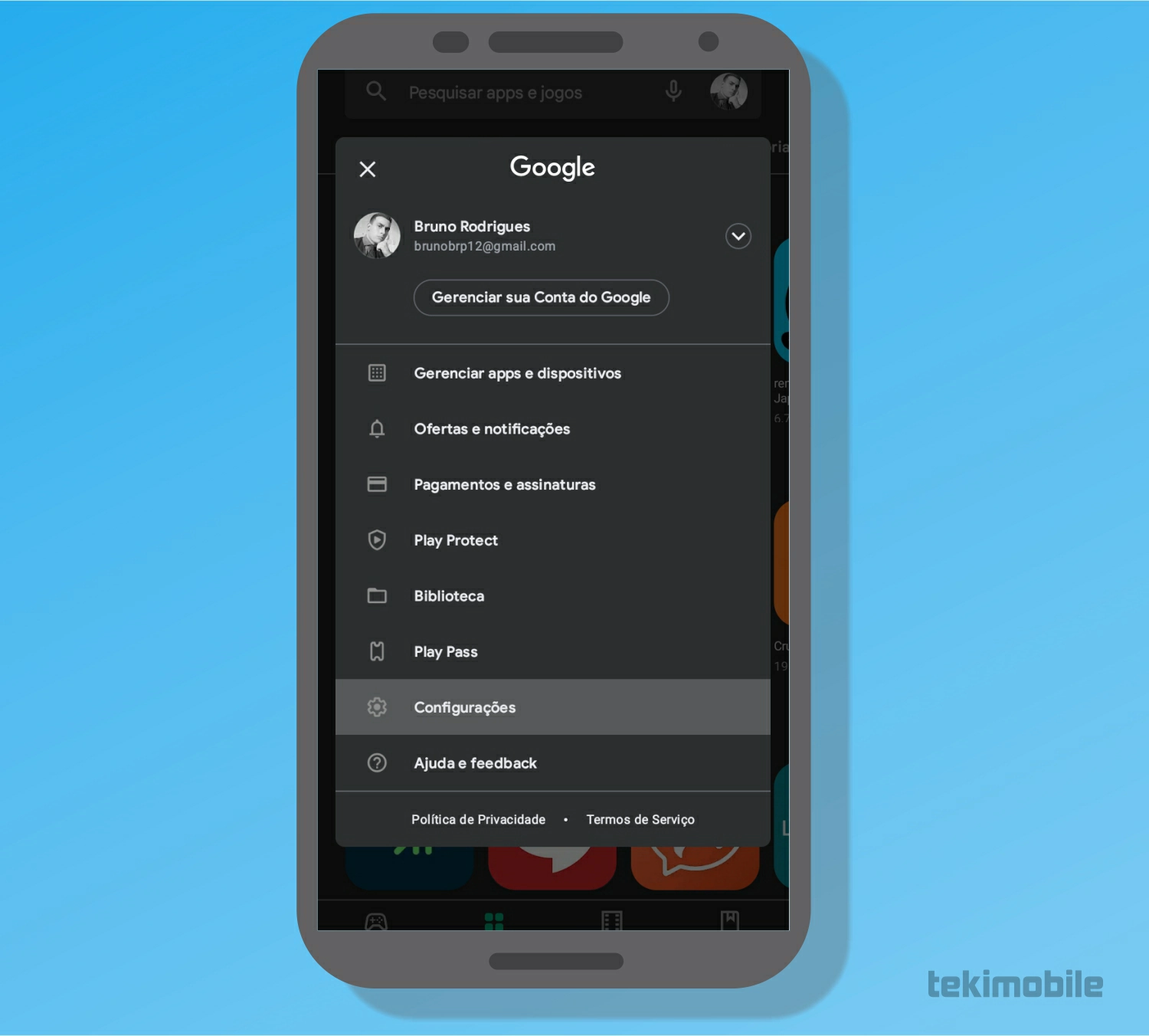 Toque em Configurações - Como apagar histórico do Google Play Store