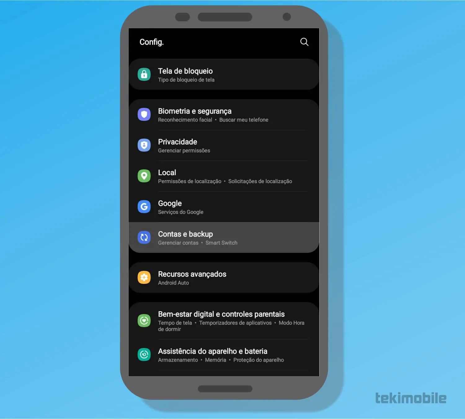 Toque em Contas e Backup para configurar a conta - Como excluir grupo familiar do Google Family