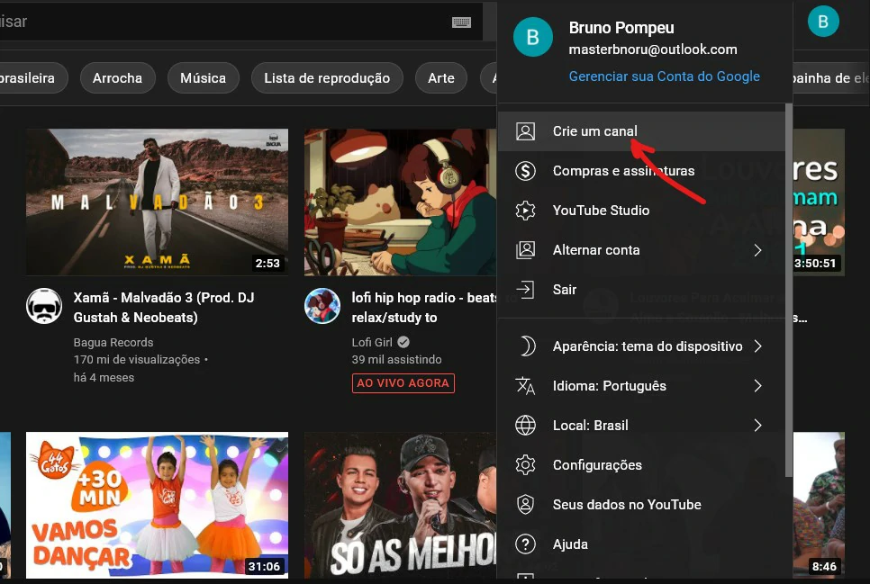 Toque em Crie um canal para criar seu canal na plataforma - Como criar um canal no YouTube