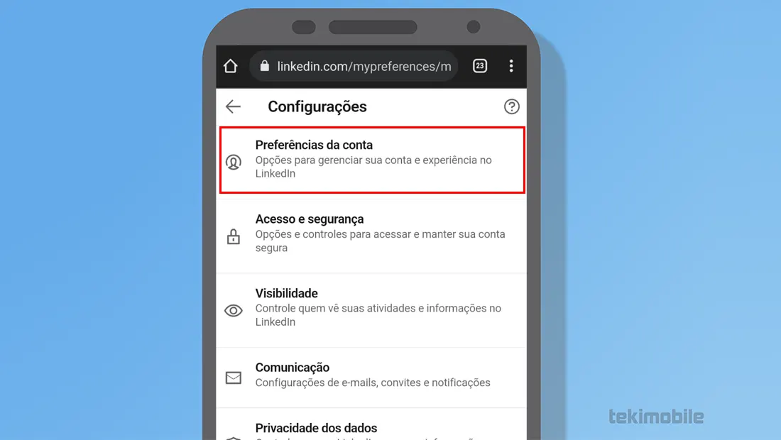 Toque em Preferências da conta