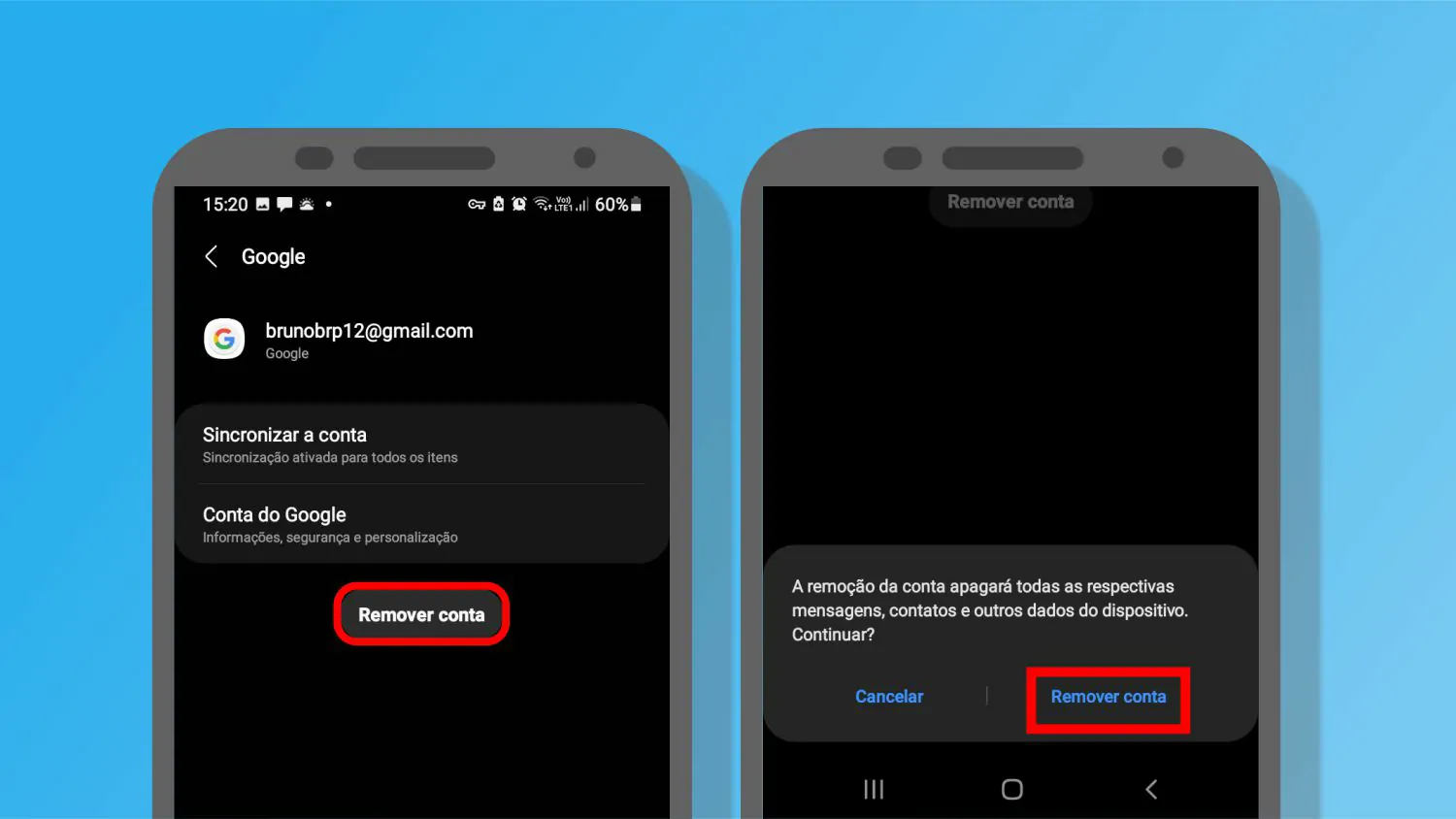 Toque em Remover conta e confirme sua solicitação - Como excluir grupo familiar do Google Family