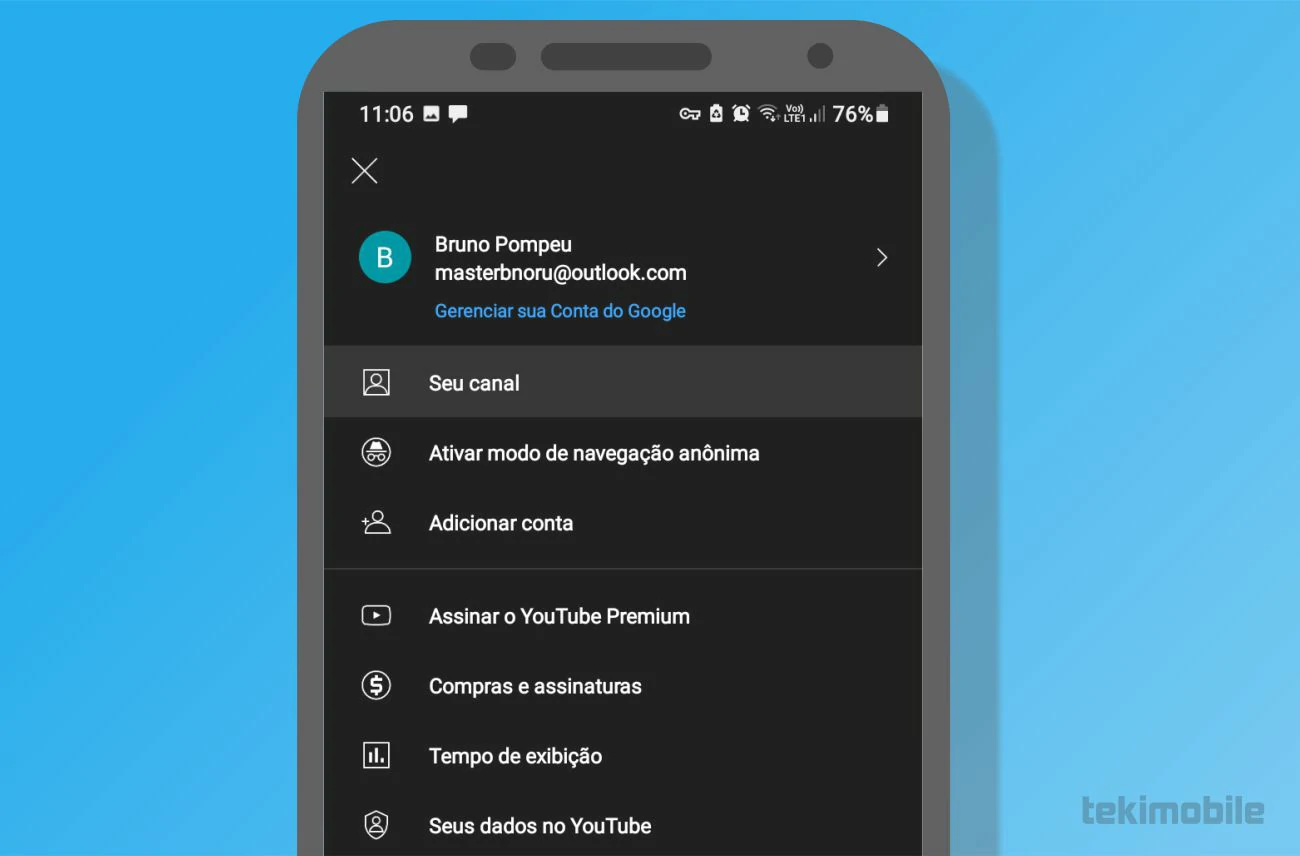 Toque em Seu canal para ser levado a outra tela para algumas pequenas configurações iniciais do canal no YouTube - Como criar um canal no YouTube