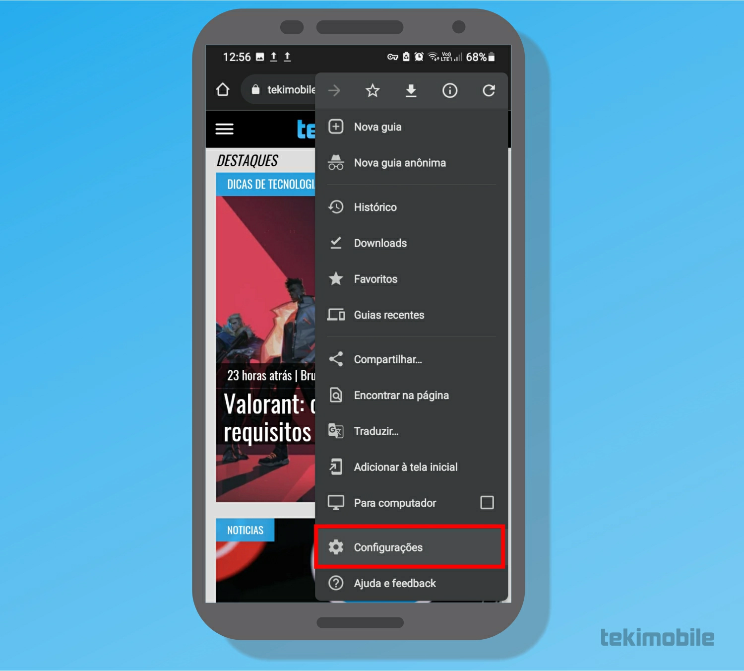 Toque em configurações - Como bloquear notificações do Chrome