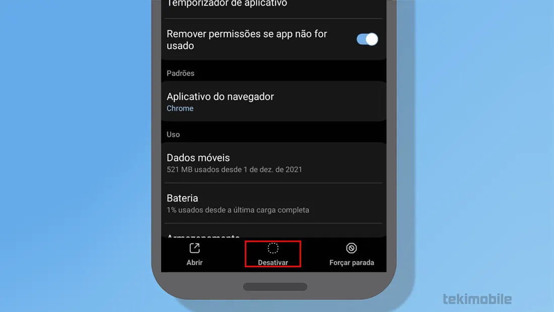 Toque em desativar na parte inferior
