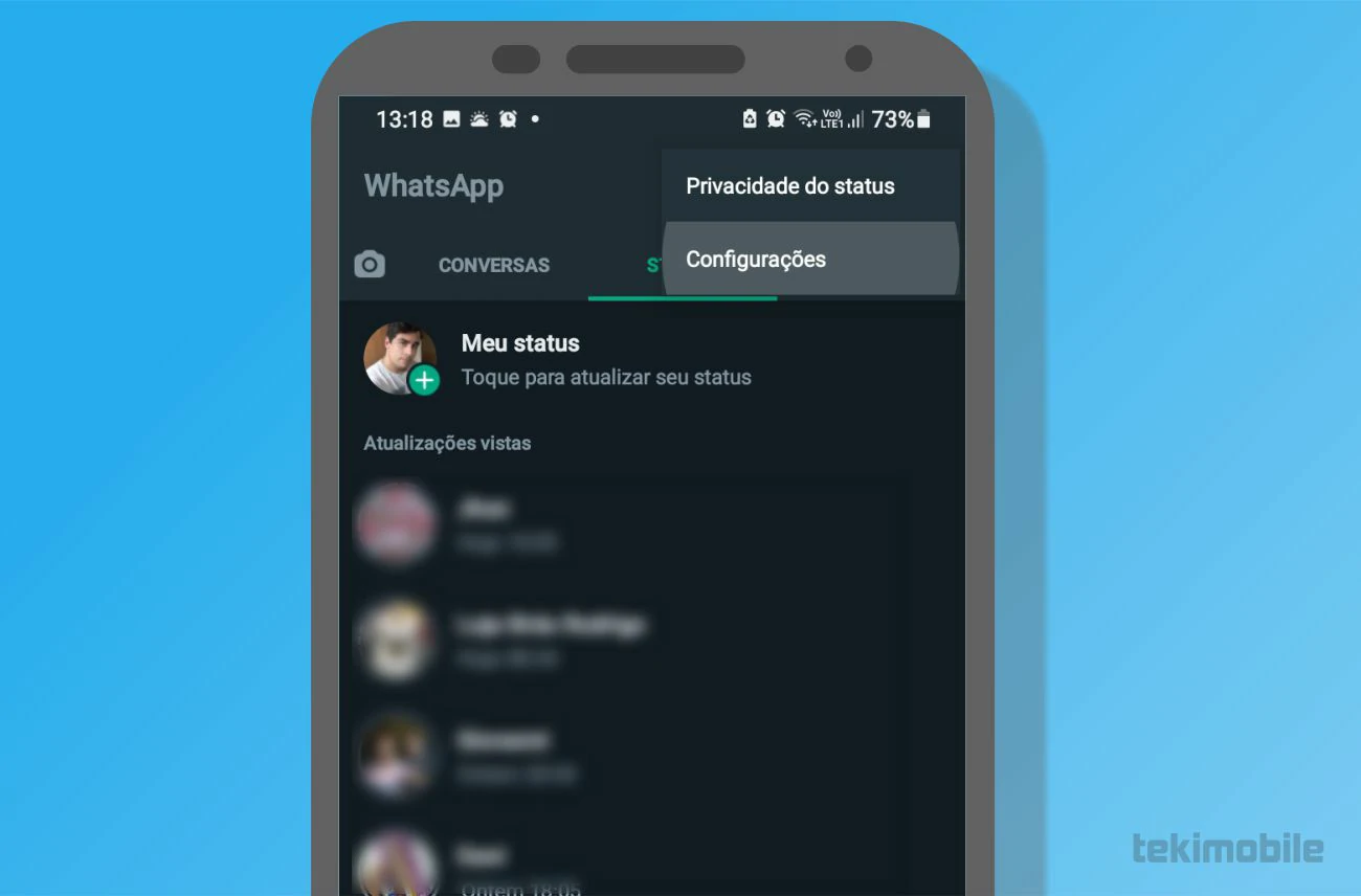 Toque em mais opções e selecione Configurações no menu suspenso do app - Como deixar o WhatsApp igual do iPhone no Android