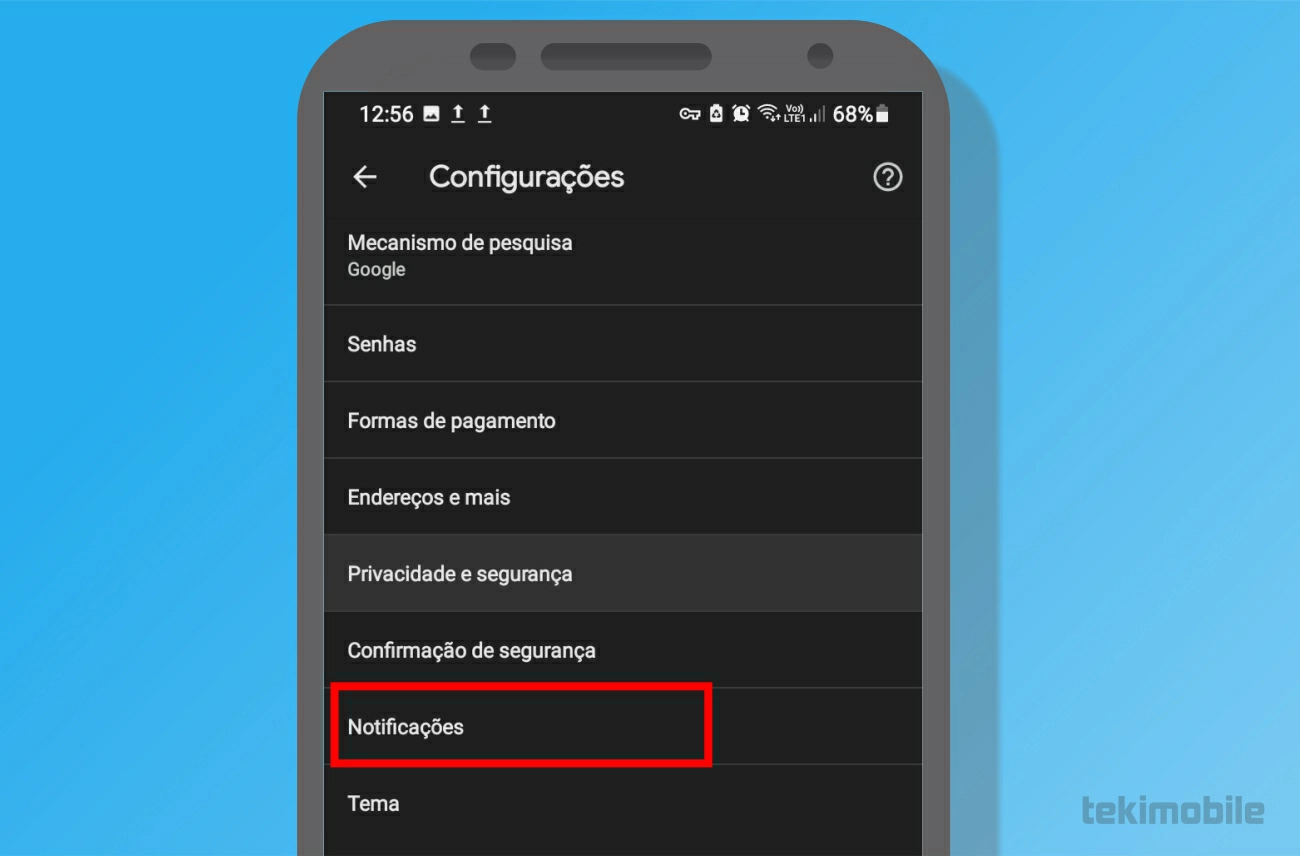 Toque em notificações - Como bloquear notificações do Chrome